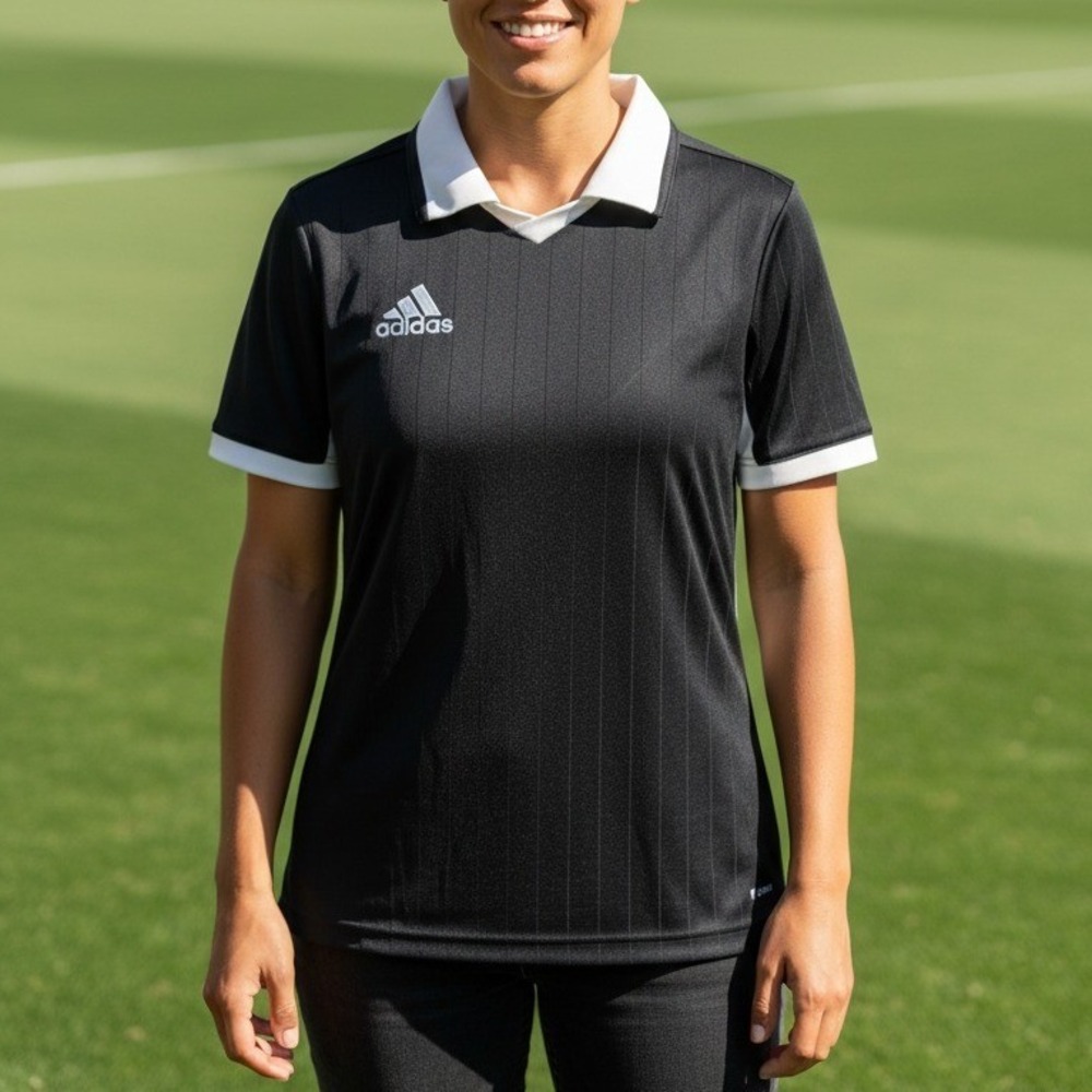 Adidas Womens Black White Striped Soccer Jersey Polo Collar Short Sleeve Size S